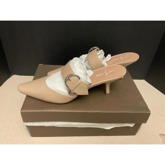 New! Womens Linea Paolo Cynthia Nude Nappy Buckled Kitten Heels Mules. Size 9.5M - Picture 7 of 11